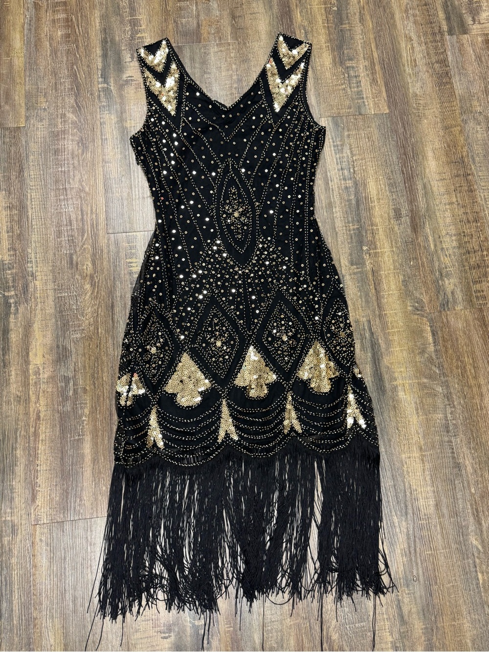 Black & Gold Beaded Fringe Evening Dress M - Picture 4 of 16